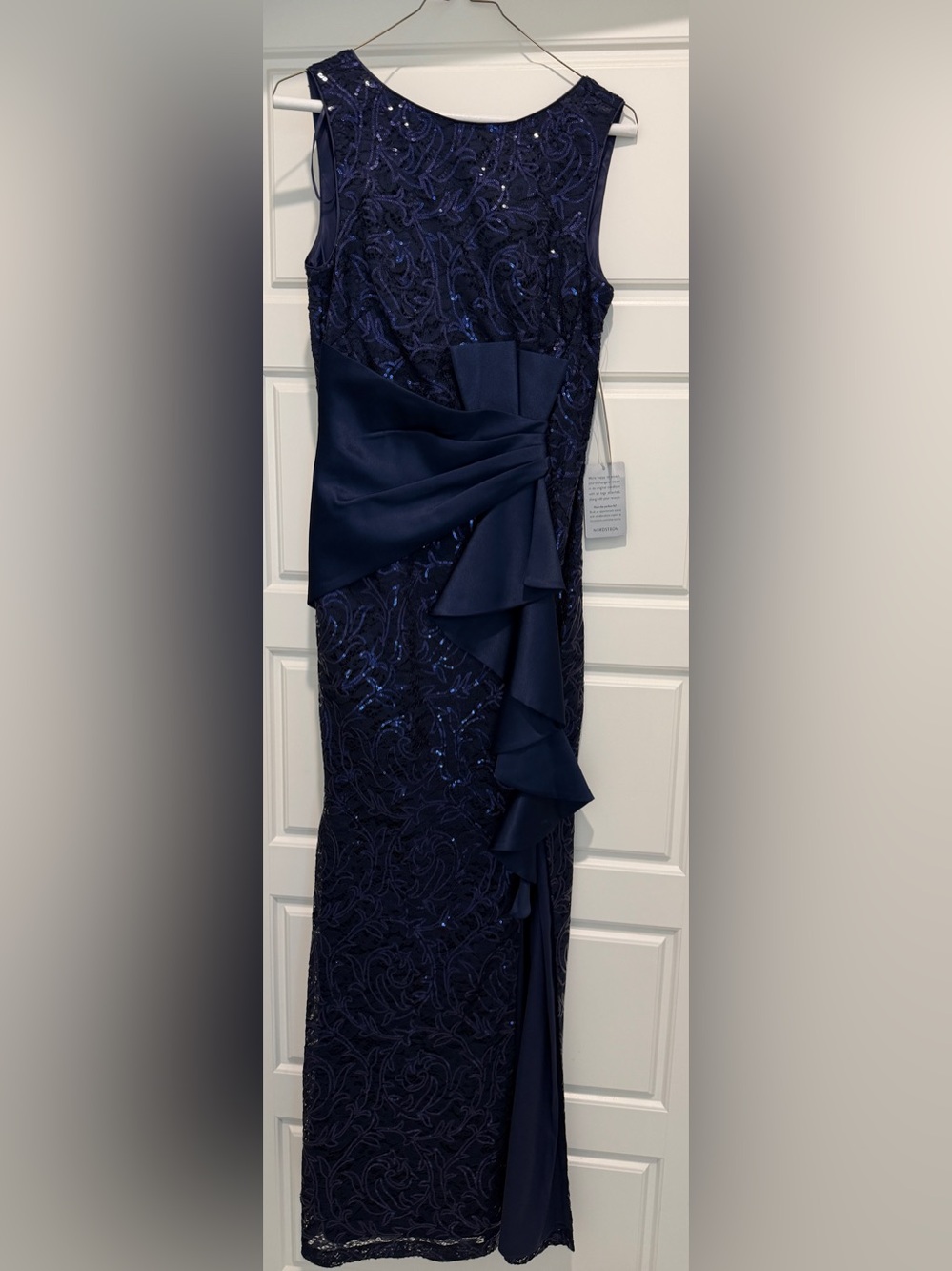 NWT Eliza J Elegant Navy Lace Evening Dress with Draped Ruffle Detail size 4